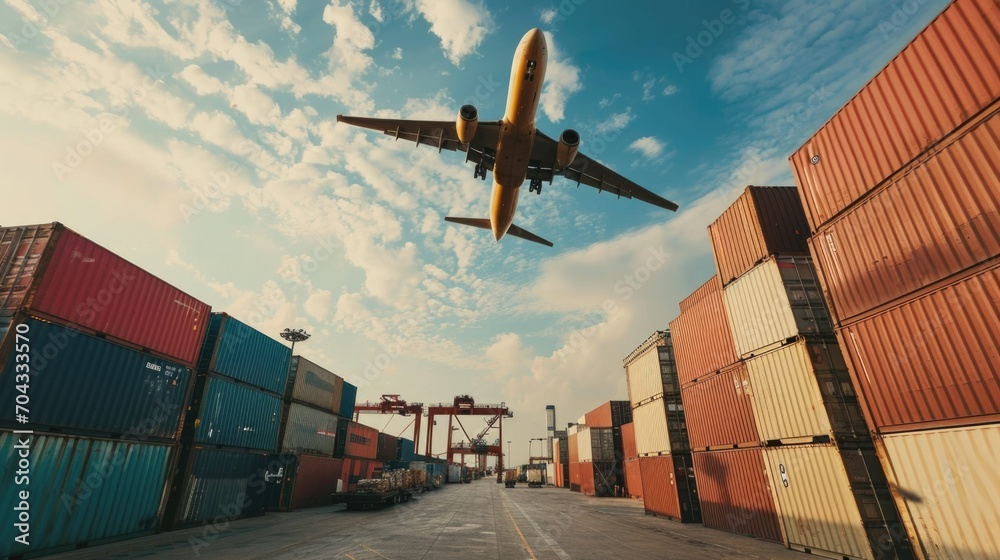 An airplane is flying over a large number of shipping containers. This image can be used to depict transportation, logistics, or global trade - obrazy, fototapety, plakaty 