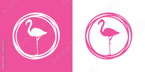 Marco circular con líneas con silueta de flamingo de pie