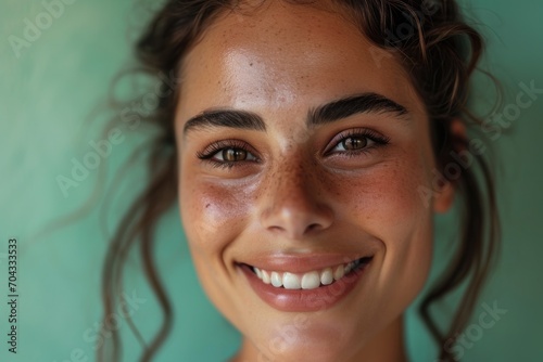 Close-up of a woman with freckles on her face. Suitable for beauty and skincare themes