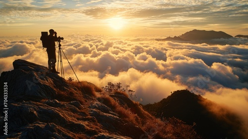 A man stands on top of a mountain, capturing the breathtaking view with his camera. Perfect for travel and adventure themes