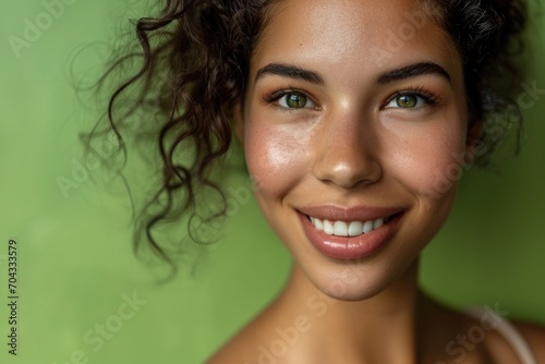 A close up shot of a woman with curly hair. Perfect for beauty and fashion related projects