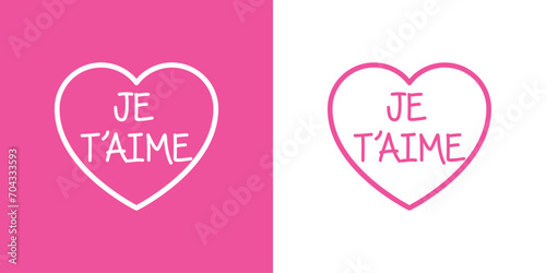 Logo del día de San Valentín. Texto manuscrito je t'aime en francés en silueta de corazón con líneas para su uso en felicitaciones y tarjetas
