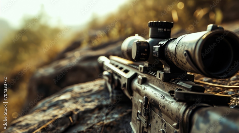 A detailed shot of a rifle placed on a rock. Ideal for outdoor adventure, hunting, or military-themed projects