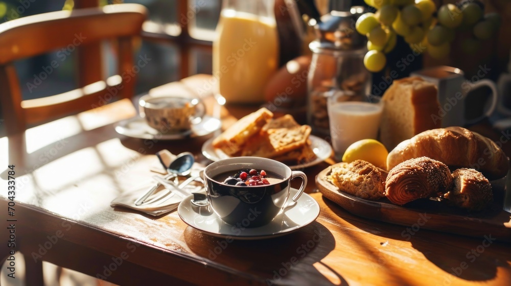 A wooden table with an assortment of delicious food dishes. Perfect for showcasing culinary creations or for food-related projects