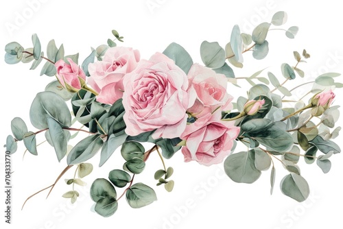 Fototapeta Naklejka Na Ścianę i Meble -  A beautiful painting featuring pink roses and eucalyptus leaves. Perfect for adding a touch of elegance to any space.