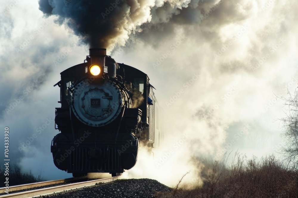 A steam engine train is seen traveling down the train tracks. This picture can be used to depict transportation, vintage trains, or historical settings