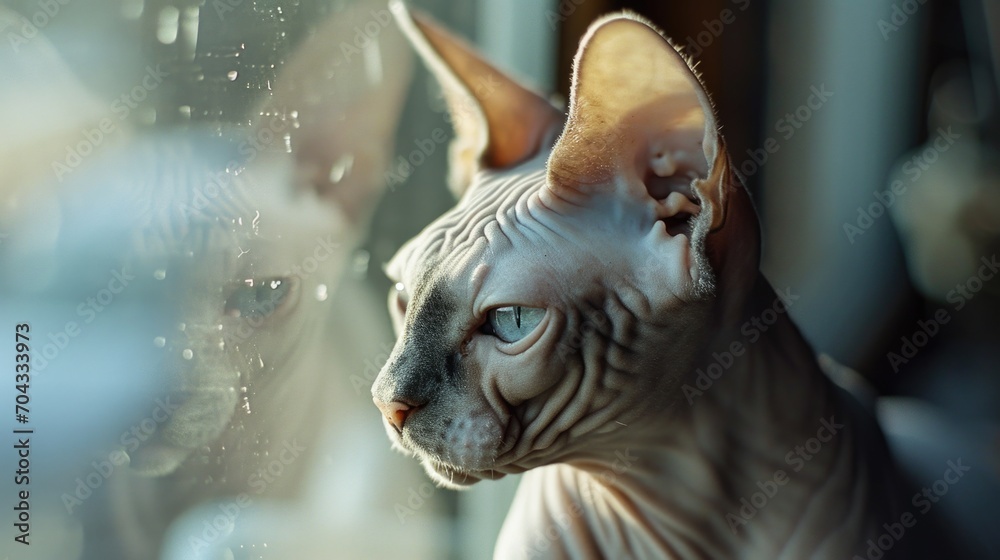 A close up of a cat looking out a window. Perfect for pet owners or animal lovers