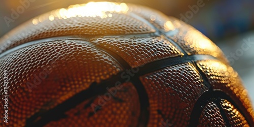 A close-up view of a basketball ball resting on a table. Suitable for sports-related designs and projects