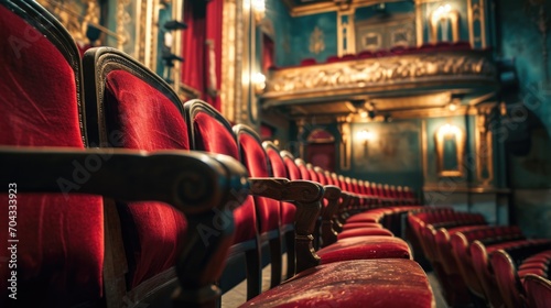 A row of red chairs in a theater. Perfect for showcasing a theater setting or for illustrating the concept of entertainment venues photo