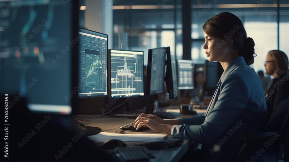 Female stock trader analyzing financial data on multiple computer monitors Female stock trader analyzing financial data on multiple computer monitors
