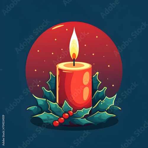 Christmas and New Year greeting card with burning candle on blue background.  Vector illustration in cartoon style.