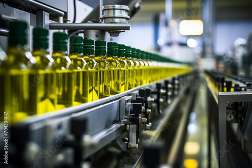 Automatic olive oil bottling conveyor line in a beverage production plant or factory, modern computerized industrial equipment. Plant for the production of vegetable oil.