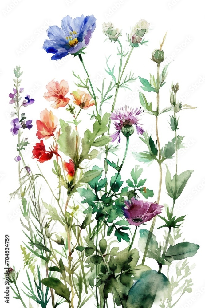A vibrant watercolor painting featuring a bunch of flowers. Perfect for adding a touch of color and nature to any space
