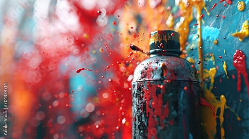 A close up view of a spray can with red paint. This image can be used for various purposes