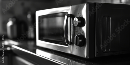 A black and white photo of a microwave on a counter. Suitable for kitchen appliance or home interior concepts photo