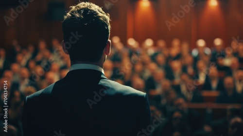 A man wearing a suit standing confidently in front of a crowd. Suitable for business and leadership concepts