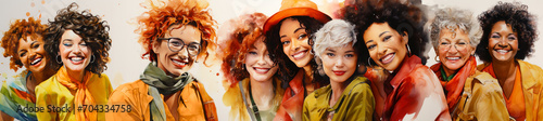 Diverse multiracial and multigenerational women celebrating friendship and happiness. Women's day concept in watercolor style panorama photo
