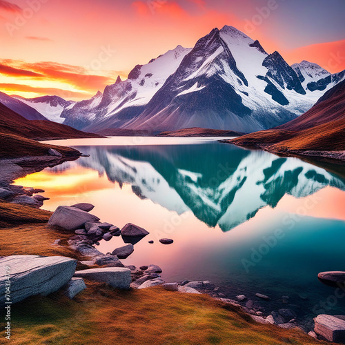 unset Sky over Mountain Range in a Charming Town with Glacier Lake photo