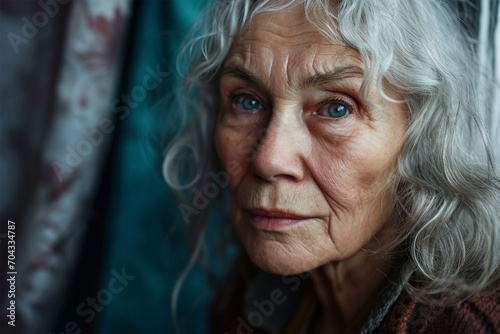 portrait of a gray-haired eighty-year-old beautiful woman looking thoughtfully at the camera, beautiful old age photo