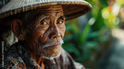 A picture of an old man wearing a straw hat. Suitable for various uses