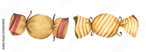 Set of Candy in different wrappers. Sugar product in various colors and patterns packing painted in watercolor. Toffee packet. Valentine's Day, children's holidays, gifts.