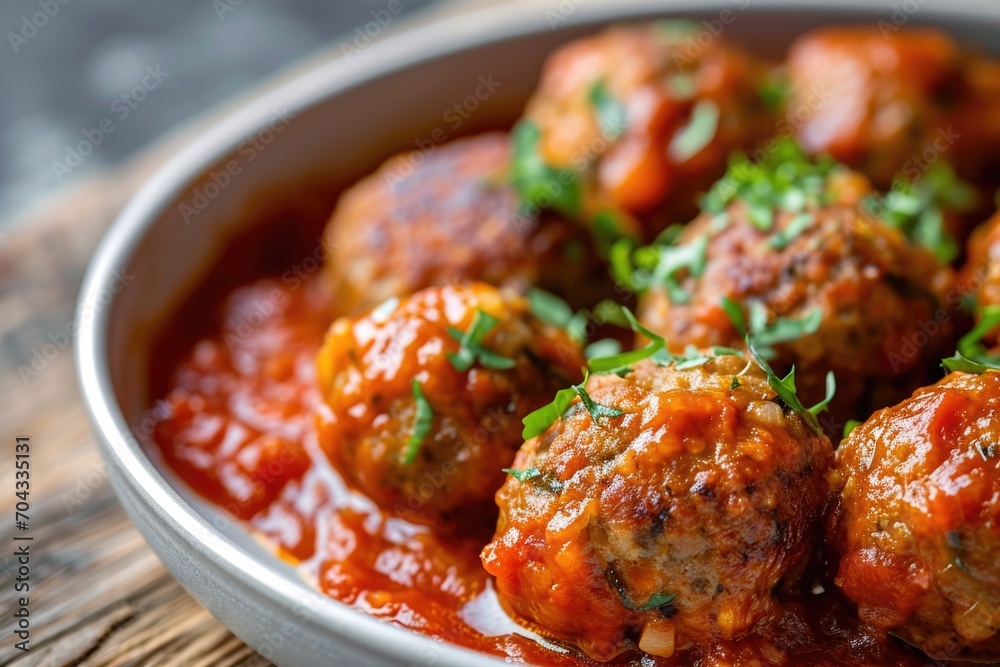 A bowl filled with meatballs covered in sauce. Perfect for adding a delicious and hearty touch to any meal A bowl filled with meatballs covered in sauce. Perfect for adding a delicious and hearty touch to any meal