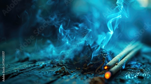 A close-up view of a cigarette with smoke billowing out. This image can be used to depict smoking, addiction, or the harmful effects of tobacco photo