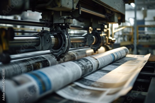 A machine in action on a stack of newspapers. Suitable for illustrating news, printing industry, and automation concepts photo