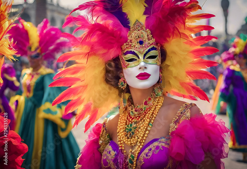 Colorful carnival mask with feathers at a festive event.