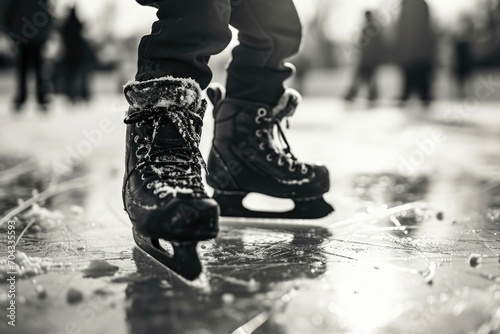 A close-up view of a pair of ice skates on a frozen surface. Perfect for winter sports and ice skating enthusiasts