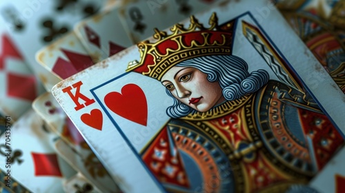 A close up view of a playing card featuring the Queen of Hearts. Perfect for casino-themed designs or card game illustrations photo