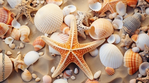 A cluster of seashells and starfish scattered on a sandy beach.