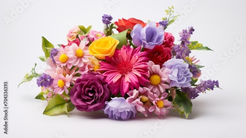 A cluster of vibrant mixed flowers arranged in a beautiful bouquet on a solid white background.