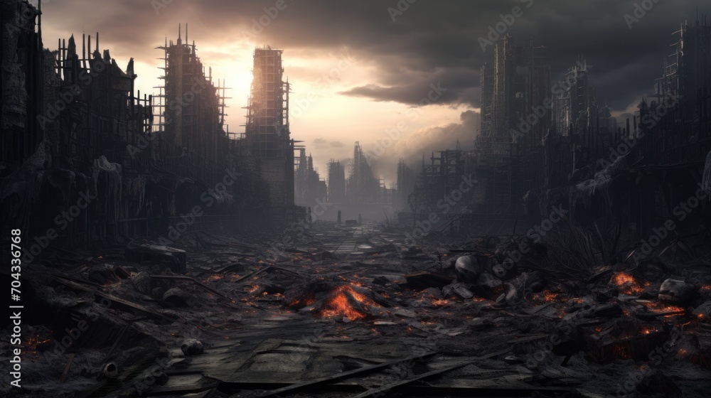 modern city devastated by explosions and chaos, apocalipse