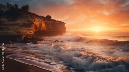 A coastal cliff at sunset, waves crashing below, the scene softly blurred in warm hues.