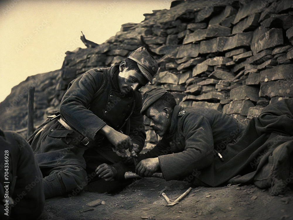 Soldiers compassionately attending to their injured comrade, providing necessary medical assistance in the battlefield.