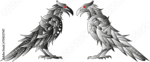 Two ravens of the god Odin Hugin and Munin drawn in the Scandinavian style