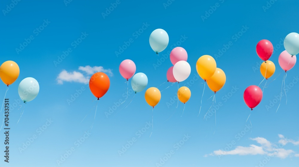 A collection of brightly colored balloons floating against a clear blue sky.