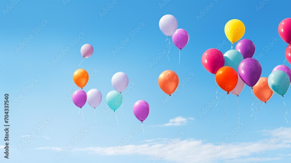 A collection of brightly colored balloons floating against a clear blue sky.