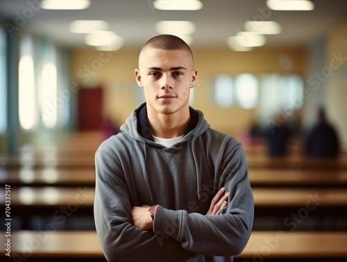 serious european high school student guy with Cropped Buzz Haircut standing in classroom with arms crossed.
