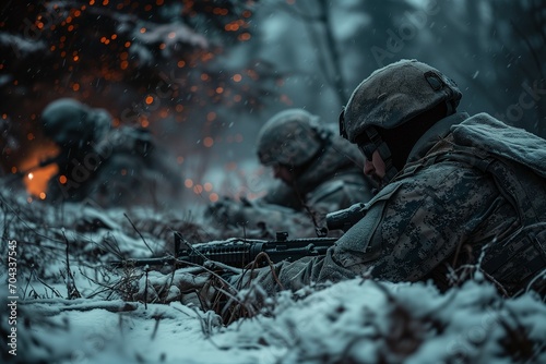 Military men in camouflage lie in a snowy forest at war © Marina