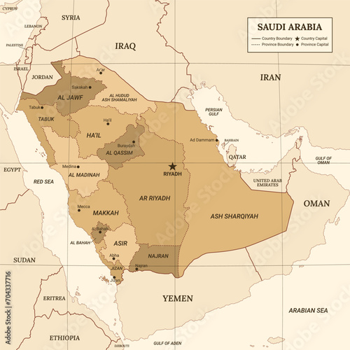 Saudi Arabia Country Map With Surrounding Border