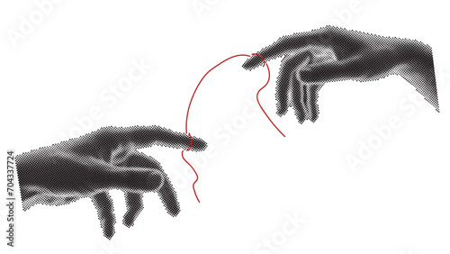 Trendy halftone collage hands touch each other. Reconciliation concept. The concept of tender relationships, mutual assistance. Vector illustration