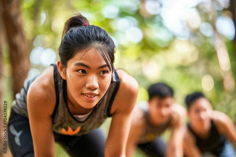 Obraz premium Focused young woman exercising outdoors with her friends, showing determination and strength during a group fitness session in the park.