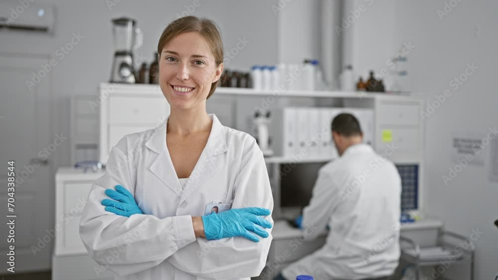 At the heart of science, two relaxed scientists, a man and woman, standing with arms crossed in the lab - partners in the pursuit of medical research and discovery At the heart of science, two relaxed scientists, a man and woman, standing with arms crossed in the lab - partners in the pursuit of medical research and discovery