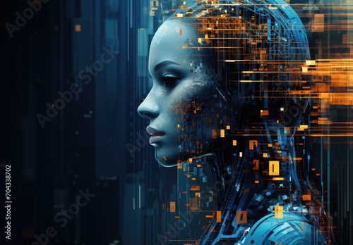 Artificial intelligence concept blue background - woman with digital code in the background - A Futuristic Digital Image Reflecting The Concept Of Data Science And Artificial Intelligence
