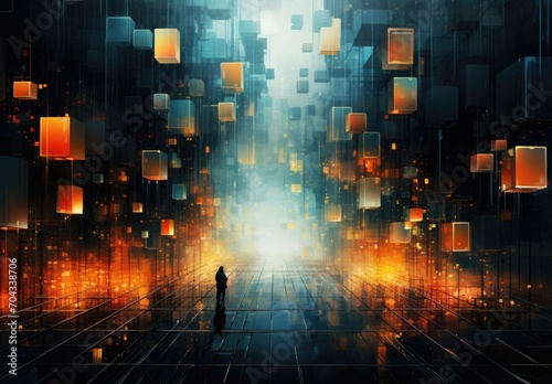 abstract technology wallpaper - a man in a room full of futuristic digital blue cubes