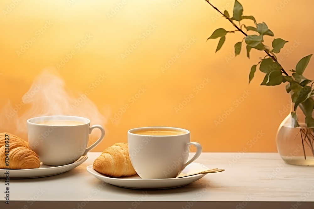 Morning coffee and croissant on table with neutral yellow background - french breakfast Morning coffee and croissant on table with neutral yellow background - french breakfast