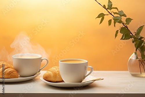 Morning coffee and croissant on table with neutral yellow background - french breakfast