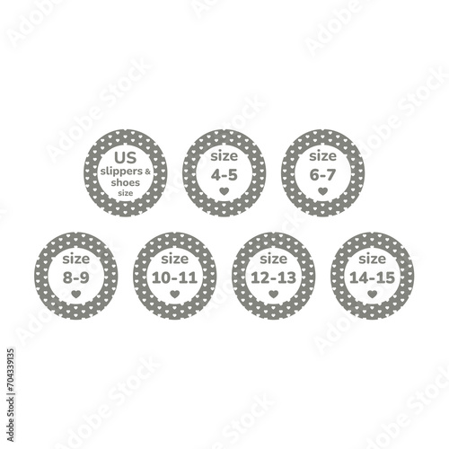 Us slippers and shoe size label set. Circle vector shoes labels.